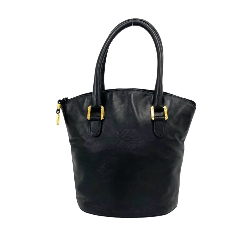 LOEWE Vintage Anagram Logo Leather Handbag Mini Tote Bag Black 07067